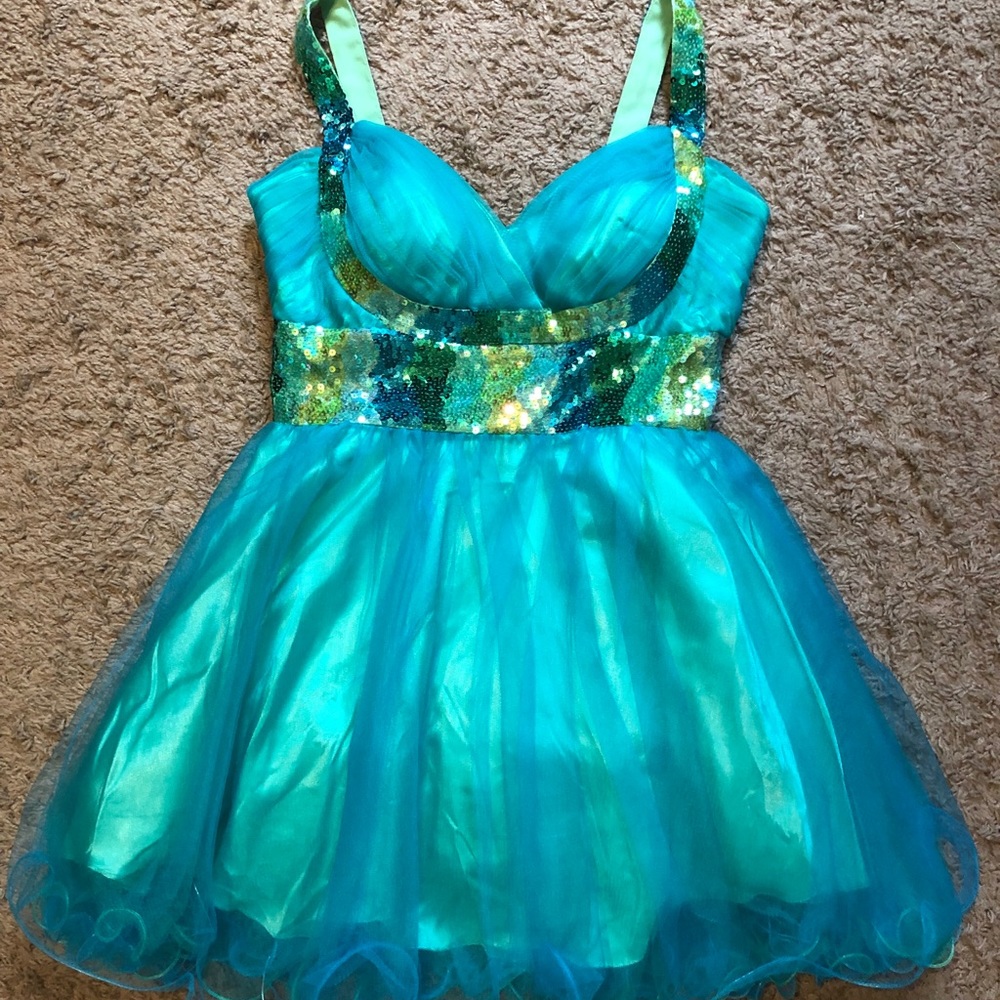 Jasz Couture Blue Green Sequin Homecoming Dress